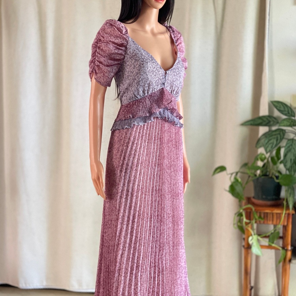 NWT En Saison Charlotte Midi Dress Purple Floral Pleated Puff Sleeve Ruffle Sz S